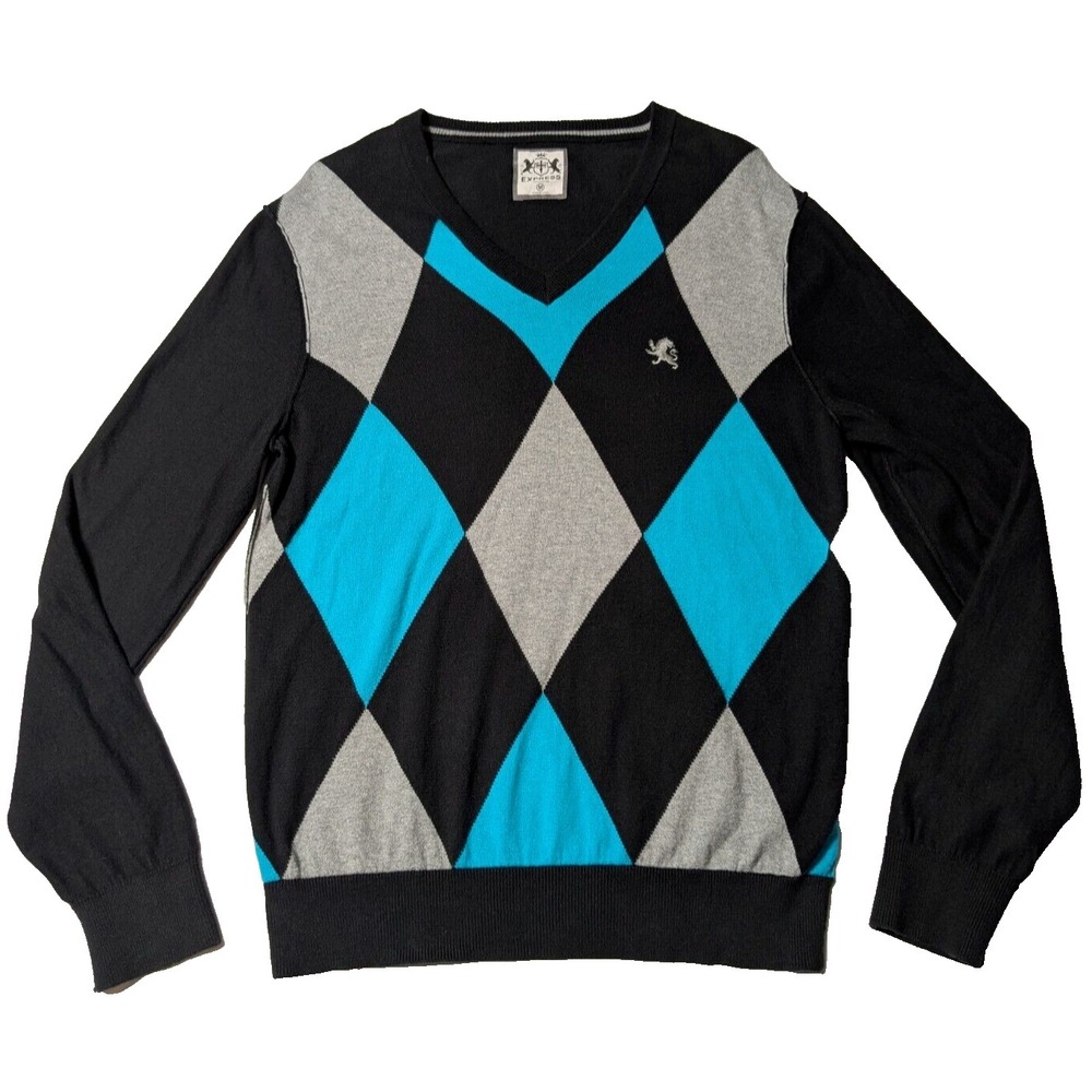 EXPRESS Men Black Teal Argyle Cotton V-Neck‎ Pullover Sweater